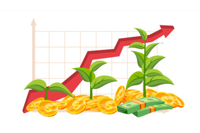 Startup Growth Concept Vector. Tree Growing On A Golden Coins. Growth Graph. Success Aim Reaching. Green Plant. Investment Analytics. Financial Report. Isolated Flat Illustration