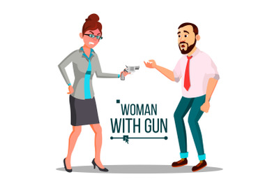 Business Woman With Gun Vector. Bankruptcy Concept. Pointing, Aiming. Isolated Flat Illustration