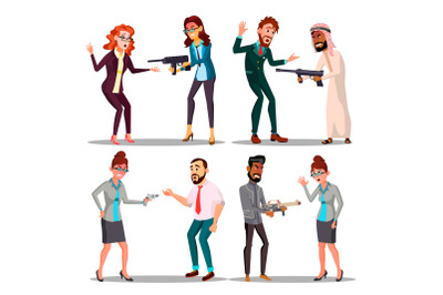 Business People With Gun Vector. Man, Woman. Pointing, Aiming. Sad, Desperate. Attempt, Terrorism. Isolated Flat Illustration