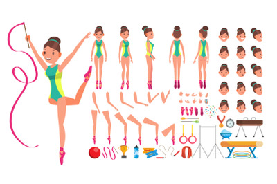 Gymnastics Female Vector. Animated Character Creation Set. Gymnastic Woman Full Length, Front, Side, Back View, Accessories, Poses, Face Emotions, Gestures. Isolated Flat Cartoon Illustration