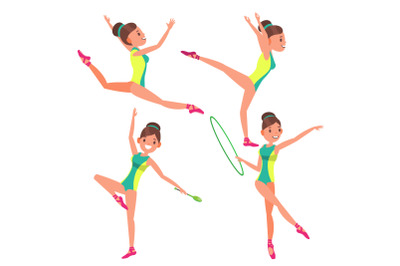 Gymnastics Young Woman Player Vector. Gymnastic Mace. Modern Beauty Uniform. Girl Athlete. Flat Cartoon Illustration