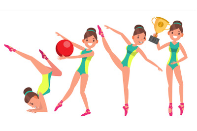 Gymnastics Female Player Vector. Gymnastic Tape, Hoop, Mace. Slim. Dance. In Action. Cartoon Character Illustration