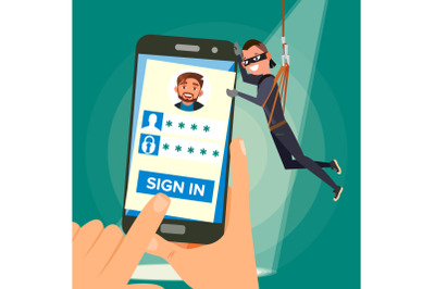 Thief Stealing Personal Data Vector. Hacker Character. Crack User Personal Information. Fishing Attack To Smartphone. Modern Internet Social Network. Cartoon Character Illustration