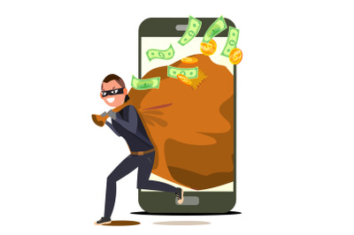 Thief And Smartphone Vector. Bandit With Bag. Insurance Concept. Burglar&2C; Robber In Mask. Crack User Personal Information. Fishing Attack To Smartphone. Isolated Flat Cartoon Illustration