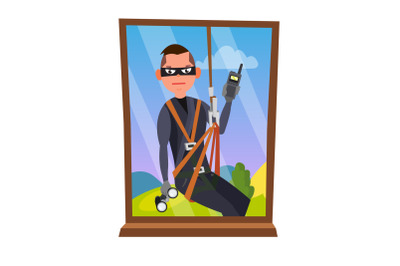 Thief And Window Vector. Breaking Into House Through Window. Insurance Concept. Burglar, Robber In Mask, Thief, Robbery, Purse. Isolated Flat Cartoon Illustration