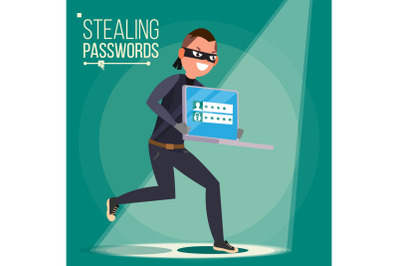 Thief Character Vector. Hacker Stealing Sensitive Data, Money From Laptop. Hacking PIN Code. Hacking Internet Social Network. Breaking, Attacking. Flat Cartoon Illustration