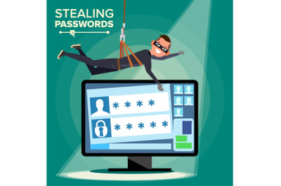 Hacker Stealing Password Vector. Thief Character. Crack Personal Information From Computer. Fishing Attack. Web Viruses Concept. Hacking Internet Social Network. Flat Cartoon Illustration