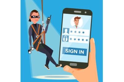 Hacker Stealing Personal Password Vector. Thief Character. Crack Personal Information. Fishing Attack To Smartphone. Web Viruses Concept. Flat Cartoon Illustration