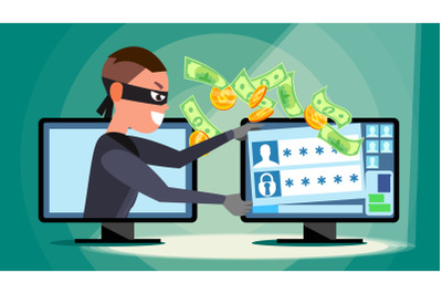 Hacking Concept Vector. Hacker Using Personal Computer Stealing Credit Card Information&2C; Personal Data&2C; Money. Network Fishing. Hacking PIN Code. Breaking&2C; Attacking. Flat Cartoon Illustration