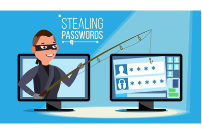 Hacking Concept Vector. Hacker Using Personal Computer Stealing Credit Card Information&2C; Personal Data&2C; Money. Flat Cartoon Illustration