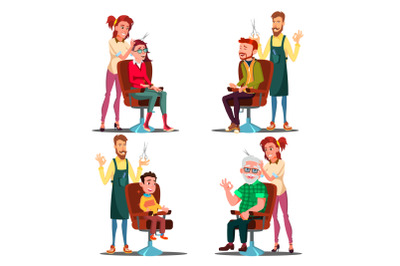 Hairdresser With Client Set Vector. Boy, Teen, Woman, Old Man. Professional Fashion Stilist. Service. Isolated Flat Cartoon Illustration