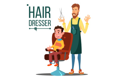 Hairdresser And Child, Teen Vector. Doing Client Haircut. Barber. Isolated Flat Cartoon Illustration