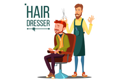 Hairdresser And Man Vector. Barber. Scissors. Stylist Barber. Hairdressers Salon. Hair Clipper. Isolated Flat Cartoon Illustration