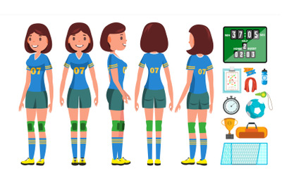 Handball Girl Player Female Vector. Match Competition. Running, Jumping. Cartoon Athlete Character Illustration