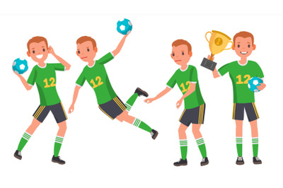 Handball Male Player Vector. Attack Jump. Shooting Player. Playing In Different Poses. Man Athlete. Isolated On White Cartoon Character Illustration