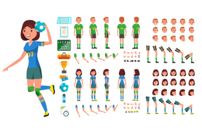 Handball Player Male, Female Vector. Animated Character Creation Set. Man, Woman Full Length, Front, Side, Back View, Accessories, Poses, Face Emotions, Gestures. Isolated Flat Cartoon Illustration