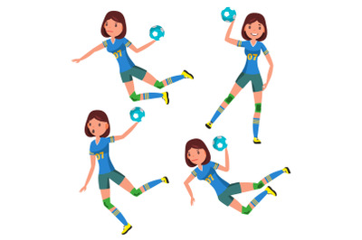 Handball Player Female Vector. Player In Attack. Corporate Branding Identity. Isolated Flat Cartoon Character Illustration