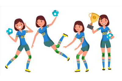 Handball Young Woman Player Vector. Girl Athlete. Throws Ball In Jump. Attack Figure. Flat Cartoon Illustration