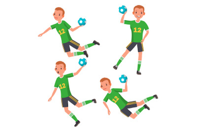 Handball Player Male Vector. Match Competition. Running, Jumping. Isolated Flat Cartoon Character Illustration