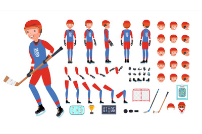 Ice Hockey Player Vector. Animated Character Creation Set. Ice Hockey Tools And Equipment. Full Length, Front, Side, Back View, Accessories, Poses, Face Emotions. Isolated Flat Cartoon Illustration