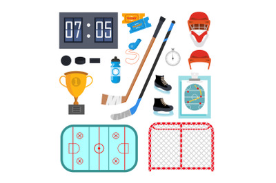 Ice Hockey Icons Set Vector. Ice Hockey Symbols And Accessories. Isolated Flat Cartoon Illustration