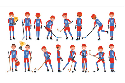 Modern Ice Hockey Player Vector. Different Poses. Athlete In Action. Flat Cartoon Illustration