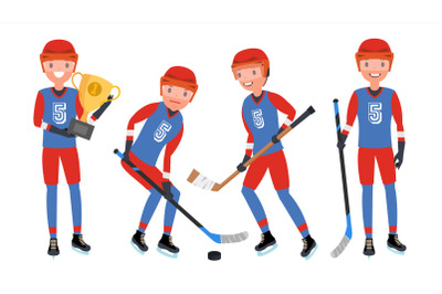 Classic Ice Hockey Player Vector. Set Player In Action. Winter Sport. Isolated On White Cartoon Character Illustration