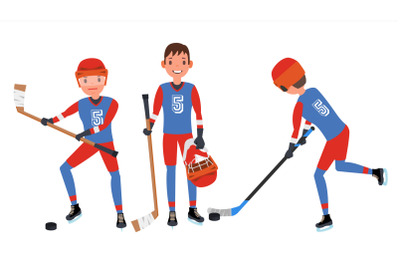 Classic Ice Hockey Player Vector. Set. Competition Game Concept. Isolated On White Cartoon Character Illustration