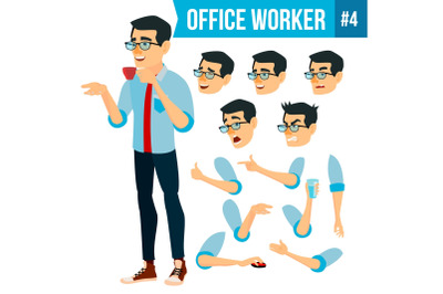 Office Worker Vector. Face Emotions, Various Gestures. Animation Creation Set. Business Human. Smiling Manager, Servant, Workman, Officer. Flat Character Illustration