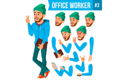 Office Worker Vector. Face Emotions, Various Gestures. Animation Creation Set. Businessman Person. Smiling Executive, Servant, Workman, Officer. Isolated Character Illustration