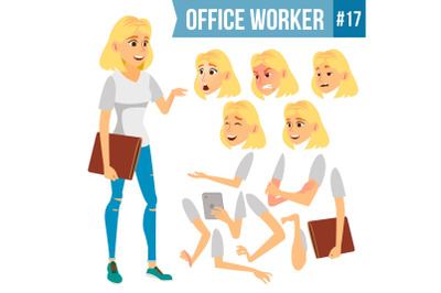 Office Worker Vector. Woman. Successful Officer, Clerk, Servant. Business Woman Worker. Face Emotions, Various Gestures. Animation Creation Set. Isolated Flat Illustration