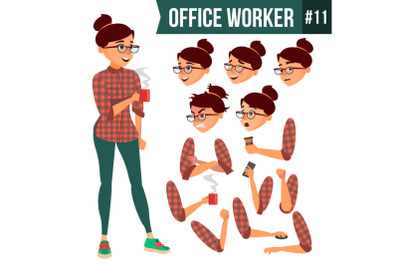 Office Worker Vector. Woman. Professional Officer, Clerk. Adult Business Female. Lady Face Emotions, Various Gestures. Animation Creation Set. Isolated Cartoon Illustration