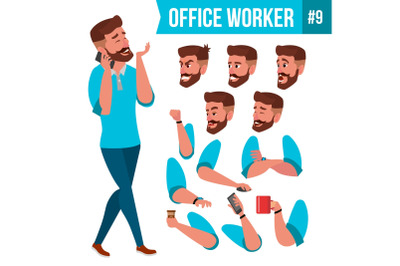 Office Worker Vector. Face Emotions, Various Gestures. Animation Creation Set. Adult Entrepreneur Business Man. Happy Clerk, Servant, Employee. Isolated Flat Illustration