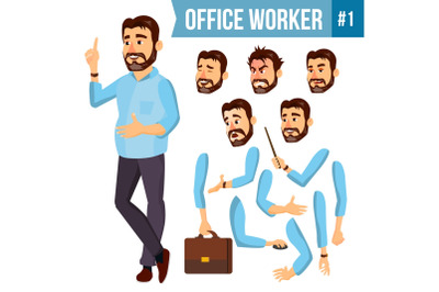 Office Worker Vector. Face Emotions, Various Gestures. Animation Creation Set. Corporate Businessman Male. Successful Officer, Clerk, Servant. Isolated Cartoon Illustration