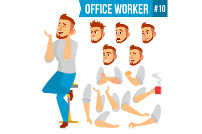 Office Worker Vector. Face Emotions, Various Gestures. Animation Creation Set. Business Worker. Career. Professional Workman, Officer, Clerk. Flat Cartoon Illustration