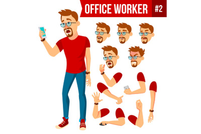 Office Worker Vector. Face Emotions, Various Gestures. Animation Creation Set. Businessman Human. Modern Cabinet Employee, Workman, Laborer. Isolated Flat Cartoon Character Illustration