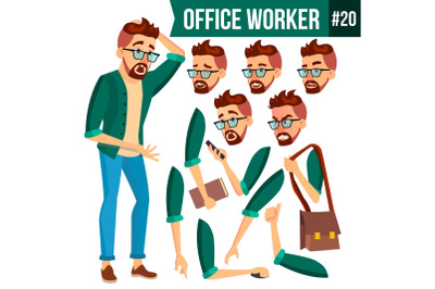 Office Worker Vector. Face Emotions, Gestures. Animation Set. Business Man. Professional Cabinet Workman, Officer, Clerk. Isolated Cartoon Character Illustration