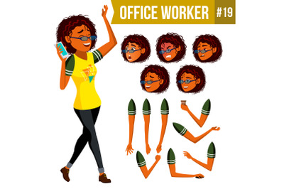 Office Worker Vector. Woman. Modern Employee, Laborer. Business Woman. Face Emotions, Various Gestures. Animation Creation Set. Flat Cartoon Illustration