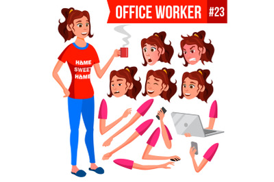 Office Worker Vector. Woman. Face Emotions, Various Gestures. Animation Creation Set. Isolated Cartoon Character Illustration