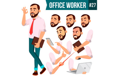 Office Worker Vector. Face Emotions, Various Gestures. Business Human. Smiling Manager, Servant, Workman, Officer. Flat Character Illustration