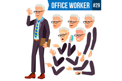 Office Worker Vector. Face Emotions, Various Gestures. Animation Creation Set. Adult Entrepreneur Business Man. Isolated Flat Illustration