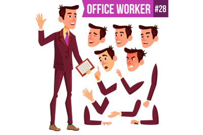 Office Worker Vector. Face Emotions, Various Gestures. Businessman Person. Smiling Executive, Servant, Workman, Officer. Isolated Character Illustration