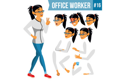 Office Worker Vector. Woman. Modern Employee, Laborer. Business Worker. Face Emotions, Various Gestures. Animation Creation Set. Isolated Cartoon Character Illustration