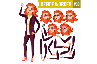 Office Worker Vector.Woman. Successful Officer, Clerk, Servant. Adult Business Woman. Face Emotions, Various Gestures. Animation Set. Isolated Flat Cartoon Illustration