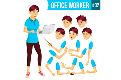 Office Worker Vector. Woman. Happy Clerk, Servant, Employee. Business Woman Person. Lady Face Emotions, Various Gestures. Animation Set. Flat Character Illustration