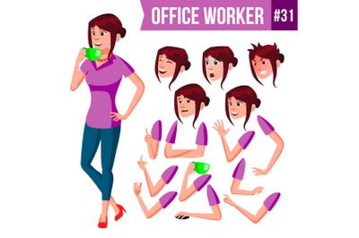 Office Worker Vector. Woman. Happy Clerk, Servant, Employee. Business Human. Face Emotions, Various Gestures. Animation Creation Set. Isolated Character Illustration