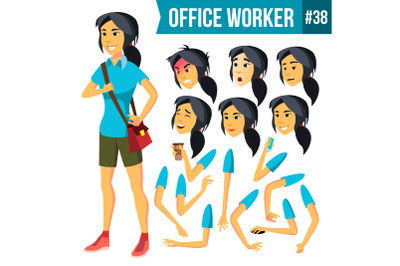 Office Worker Vector. Woman. Successful Officer, Clerk, Servant. Business Woman Worker. Face Emotions, Gestures. Animation Creation Set. Isolated Flat Illustration