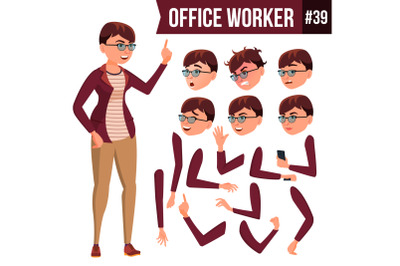 Office Worker Vector. Woman. Professional Officer, Clerk. Adult Business Female. Lady Face Emotions, Various Gestures. Animation Creation Set. Isolated Cartoon Illustration