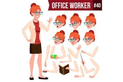 Office Worker Vector. Woman. Modern Employee, Laborer. Business Woman. Emotions, Gestures. Animation Creation Set. Flat Cartoon Illustration