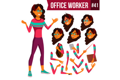 Office Worker Vector. Arab, Saudi Woman. Business Person. Face Emotions, Gestures. Animation Creation Set. Flat Cartoon Illustration